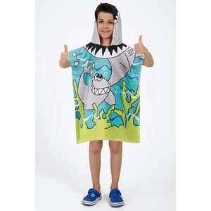 Vevien Home Köpek Balığı Desen Çocuk Panço Plaj Havlusu 5-6 Yaş