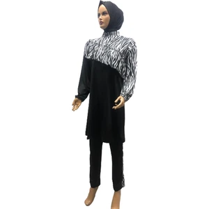 Zebra Desenli Çapraz Büzgülü Tam Kapalı Tesettür Mayo Siyah Bone Hediyeli