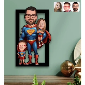 Bk Gift Kişiye Özel Süper Baba-Çocuk Karikatürlü 3D Ahşap Tablo-3, Babalar Günü Hediyesi, Babaya Hediye