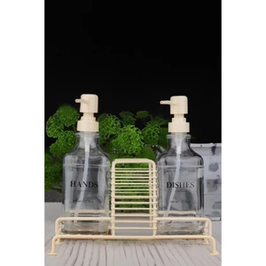 2’li Metal Standlı Cam Sıvı Sabun ve Losyon Şişesi Sabunluk 500 ml Krem – B/1 C1-1-289