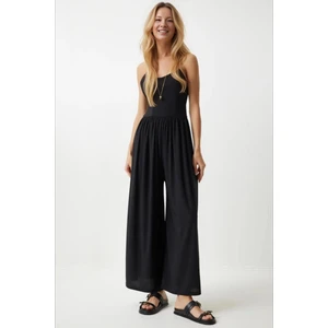 Kadın Siyah Ayarlanabilir Askılı Beli Lastikli Bol Paça Yazlık Örme Tulum HZL24S-BD170291