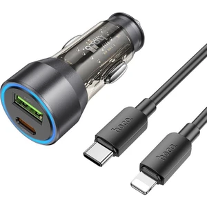 NZ12A Action PD43W USB + Type-C Araç Çakmaklık Hızlı Şarj Aleti + Type-C To iPhone Lightning Ka