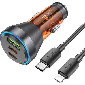 NZ12D Lucky PD60W 2 Type-C + USB Girişli Araç Çakmaklık Hızlı Şarj Aleti + Type-C To iPhone Lig