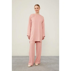 Pudra Önü Taş İşlemeli Geniş Pantolonlu Tunik Takım