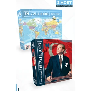 2 Adet 1000 Parça Puzzle - Atatürk ve Dünya Haritası-I