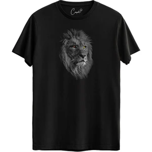 Pamuklu Sarı Kırmızı Aslan Baskılı Siyah Tişört