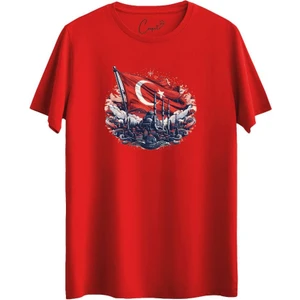 Pamuklu Istanbul Türk Bayrağı Baskılı Kırmızı Milli Tişört