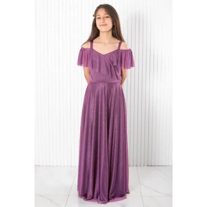 Askılı Simli Abiye Elbise Lila MDV938