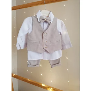 Concept Kids Papyonlu Yelekli Bej 4'lü Erkek Bebek Takım Özel Gün Kıyafeti Düğün Bebek Hediyesi