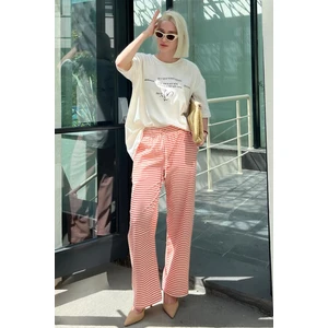 Kadın Turuncu Beli Ayarlanabilir Pamuklu Bol Paça Dökümlü Pantolon Çizgili Model