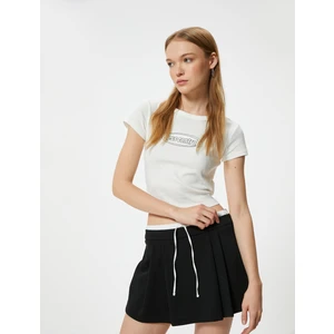 Crop Tişört Baskılı Kısa Kollu Slim Fit Bisiklet Yaka