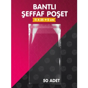 Tuğset Etiket Bantlı Şeffaf Poşet (10X25+5CM)  50 Adet Parlak Jelatin Paket Hediye Poşeti -T992