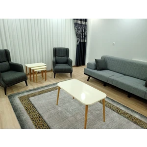 İzmir Alinda Mobilya Ağaç Ayaklı Dikdörtgen Model Orta Sehpa ve 3 Lü Zigon Sehpa Takımı