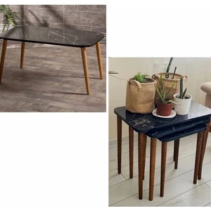 İzmir Alinda Mobilya Ağaç Ayaklı Dikdörtgen Model Orta Sehpa ve 3 Lü Zigon Sehpa Takımı