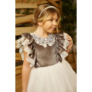 Mcl Kids Kız Çocuk Abiye Kadife Detaylı Özel Gün Mezuniyet Elbisesi+Incili Taç