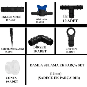 Simkar Plastik Damla Sulama Ek Parçası  16 mm'lık Set Kazık Tapa Vana  Dirsek Ekleme Nipeli Conta Te 