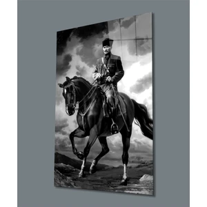 Mustafa Kemal Atatürk Portresi Cam Tablo, At Üzerinde Siyah ve Beyaz, Ev Ofis Okul Duvar Dekoru