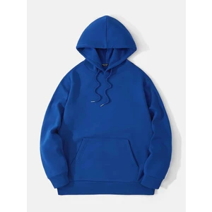 Unisex Basic Düz Renk Kapüşonlu Içi Yumuşak Polarlı Oversize Sweatshirt - Saks Mavisi