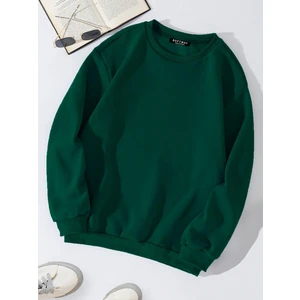 Unisex Oversize Bisiklet Yaka Basic Düz Sweatshirt - Koyu Yeşil