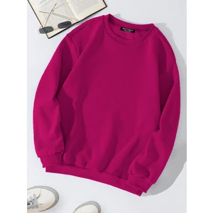 Unisex Oversize Bisiklet Yaka Basic Düz Sweatshirt - Fuşya