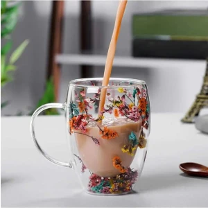 Hediye Ofisi Isıya Dayanıklı Borosilikat Çift Çidarlı Flower Cup Çiçekli Bardak | Çiçekli Kahve Sunum Bardağı