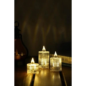 3lü Kristal Desenli LED Mum Seti Pilli Dumansız Alevli Ledli Dekoratif Yapay Mum