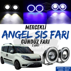 ŞüsCarOto Aksesuar Fiat Doblo D4 2015-2021 Uyumlu Üniversal Mercekli Angel Sis Farı Metal Su Geçirmez 76 mm Mavi Halkalı Gündüz Farı Angel Eyes 2 Adet