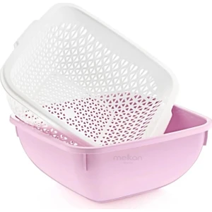 Melkan Home Çok Amaçlı Süzgeç 6 Litre Süzgeçli Kase Süzgeç + Kare Kase 6 Litre Ikili Set Pudra - Mutfak Gereçleri