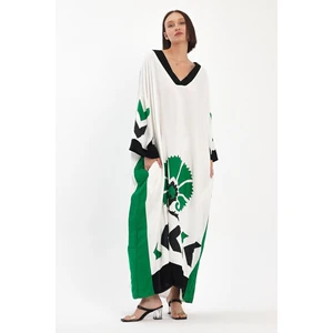 Cotton Mood VP1034 V Yaka Baskı Detaylı Büyük Beden Elbise Beyaz
