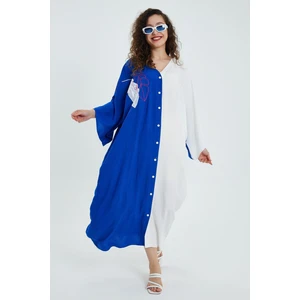 Cotton Mood VP960 Yaprak Nakış Dty Geniş Kesim Uzun Viskon Gömlek Elbise Mavı Beyaz