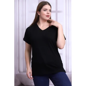 Cotton Mood B21399902 Büyük Beden Viskon V Yaka Kısa Kol Bluz Siyah