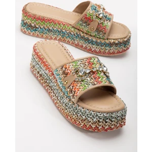 Hasır Sargılı Taban Taşlı Nude Kadın Dolgu Topuklu Terlik