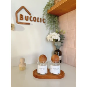 2’li Ahşap Kapaklı Cam Pamukluk Seti / Cotton- Cotton Bud / Ahşap Küçük Boy Stand