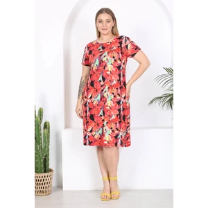 Mooi XXL Kadın Kırmızı Floral Suluboya Desen Midi Elbise