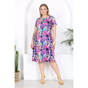 Mooi XXL Kadın Mor Floral Suluboya Desen Midi Elbise