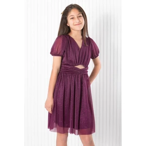 Şubu Tasarım Balon Kol Simli Tül Abiye Elbise Mürdüm MDV936