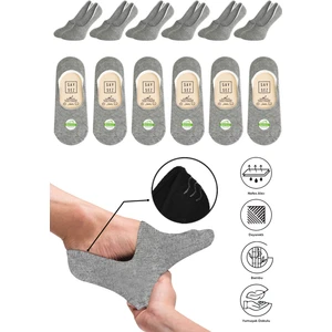 Bambu Kadın Babet Gri Melanj Çorap Dikişsiz Görünmez Kaydırmaz Topuk Silikonlu Premium 6'lı Paket