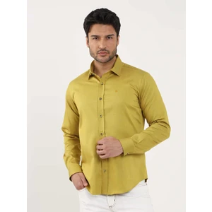 Koyu Sarı Erkek Slim Fit Düz Brent Yaka Uzun Kol Gömlek