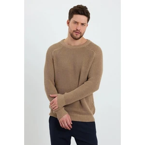 Bisiklet Yaka Selanik Örgü Pamuklu Erkek Bej Triko Kazak