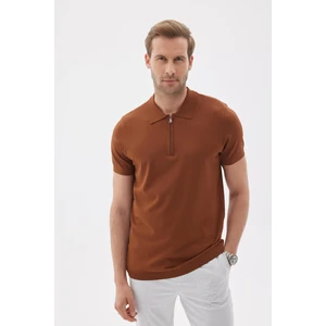 Lımıted Erkek Düz Fermuarlı Polo Yaka Rayon Triko Tişört Kahverengi