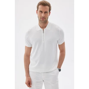 Lımıted Erkek Düz Fermuarlı Polo Yaka Rayon Triko Tişört Ekru