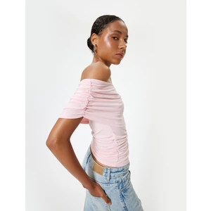 Kayık Yaka Tişört Drape Detaylı Slim Fit Kısa Kollu