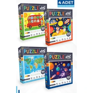 4 Adet Puzzle - 50 P. Otobüs ve Ay Hayvanları ve 100 P. Hayvan Dünya Haritası ve Gezegenler