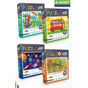 4 Adet Puzzle - 24 P. Sevimli Dinozorlar ve Otobüs ve 100 P. Gezegenler ve 50 P. Sonbahar Ormanı