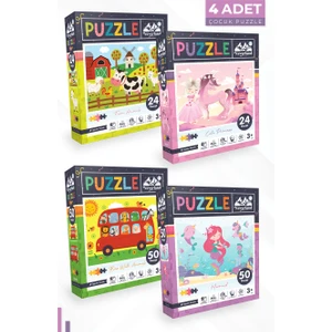 4 Adet Puzzle - 24 P. Çiftlik Hayvanları ve Sevimli Prenses ve 50 P. Otobüs ve Deniz Kızı