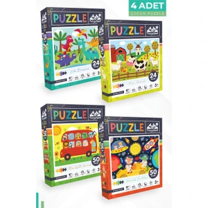 4 Adet Puzzle - 24 P. Sevimli Dinozorlar ve Çiftlik Hayvanları ve 50 P. Otobüs ve  Ay Hayvanları