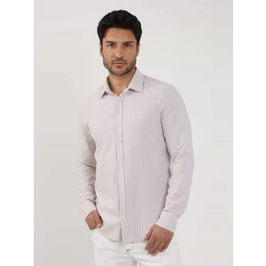 Bej Erkek Slim Fit Çizgili Klasik Yaka Uzun Kol Gömlek - 107438