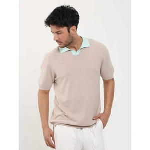 Bej Erkek Slim Fit Düz Polo Yaka Kazak - 104586