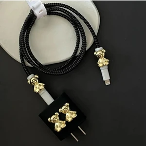 Apple iPhone 20W Uyumlu Şarj Başlık Kablo Koruyucu ve Spiral Kablo Koruyucu 3 Lü Siyah-Gold Ayıcıklı Set