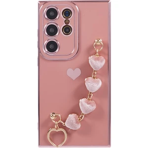 Seashell Digital Samsung Galaxy S24 Ultra Kılıf Galvanik Tpu Telefon Kılıfı Kalpli Zincir Askılı-Pembe (Yurt Dışından)